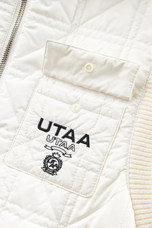 UTAA クラウンニットミックスフーディキルティングパディングベスト ホワイト:レディース