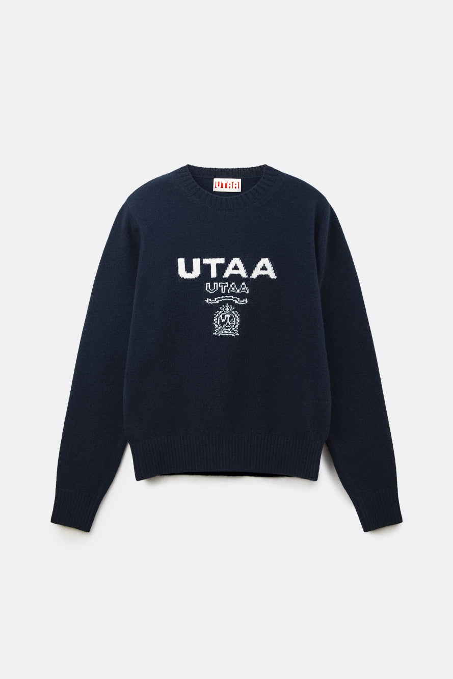 UTAA キングダムロゴウールブレンデッドニットプルオーバー ネイビー:レディース
