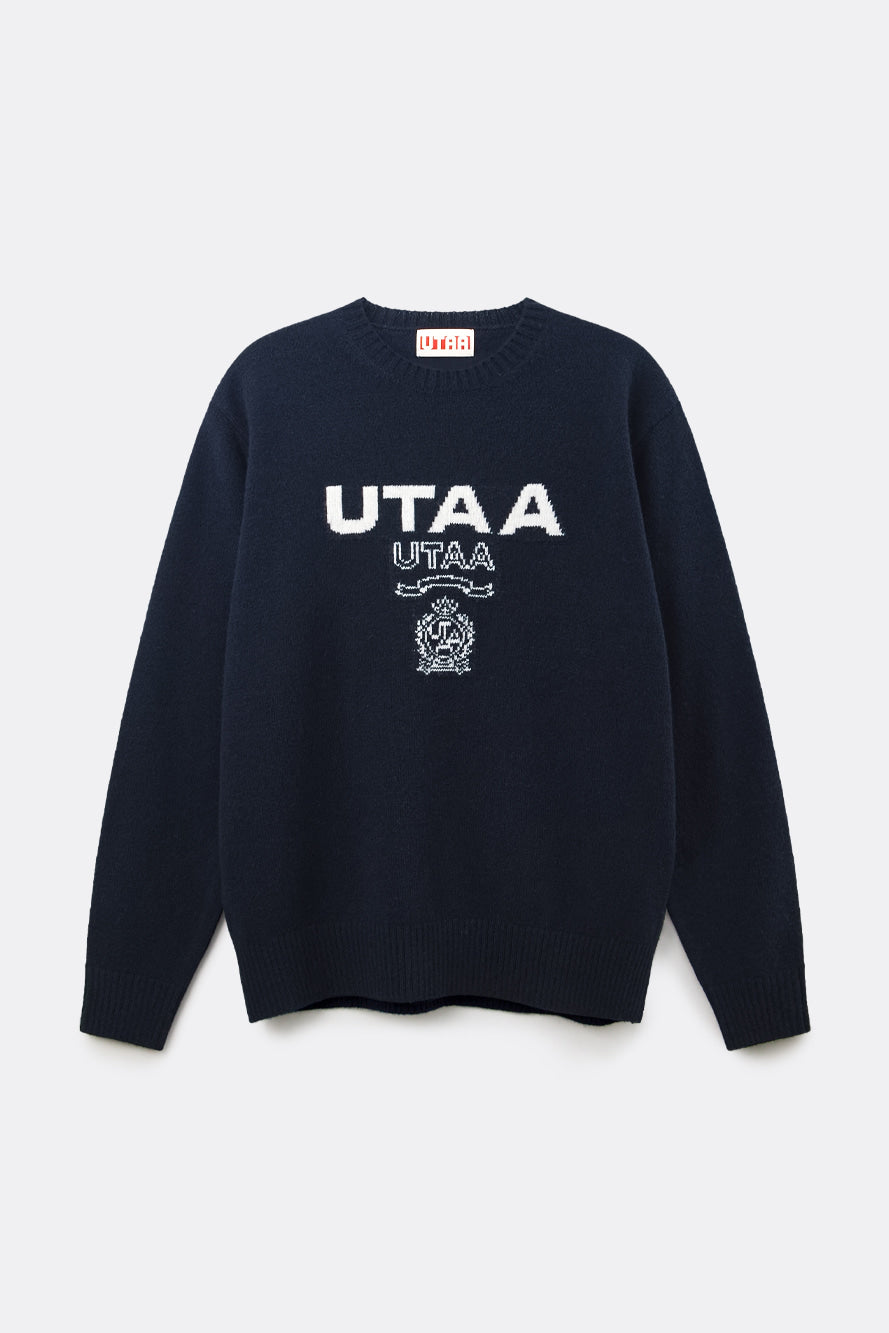 UTAA キングダムロゴウールブレンデッドニットプルオーバー ネイビー:メンズ