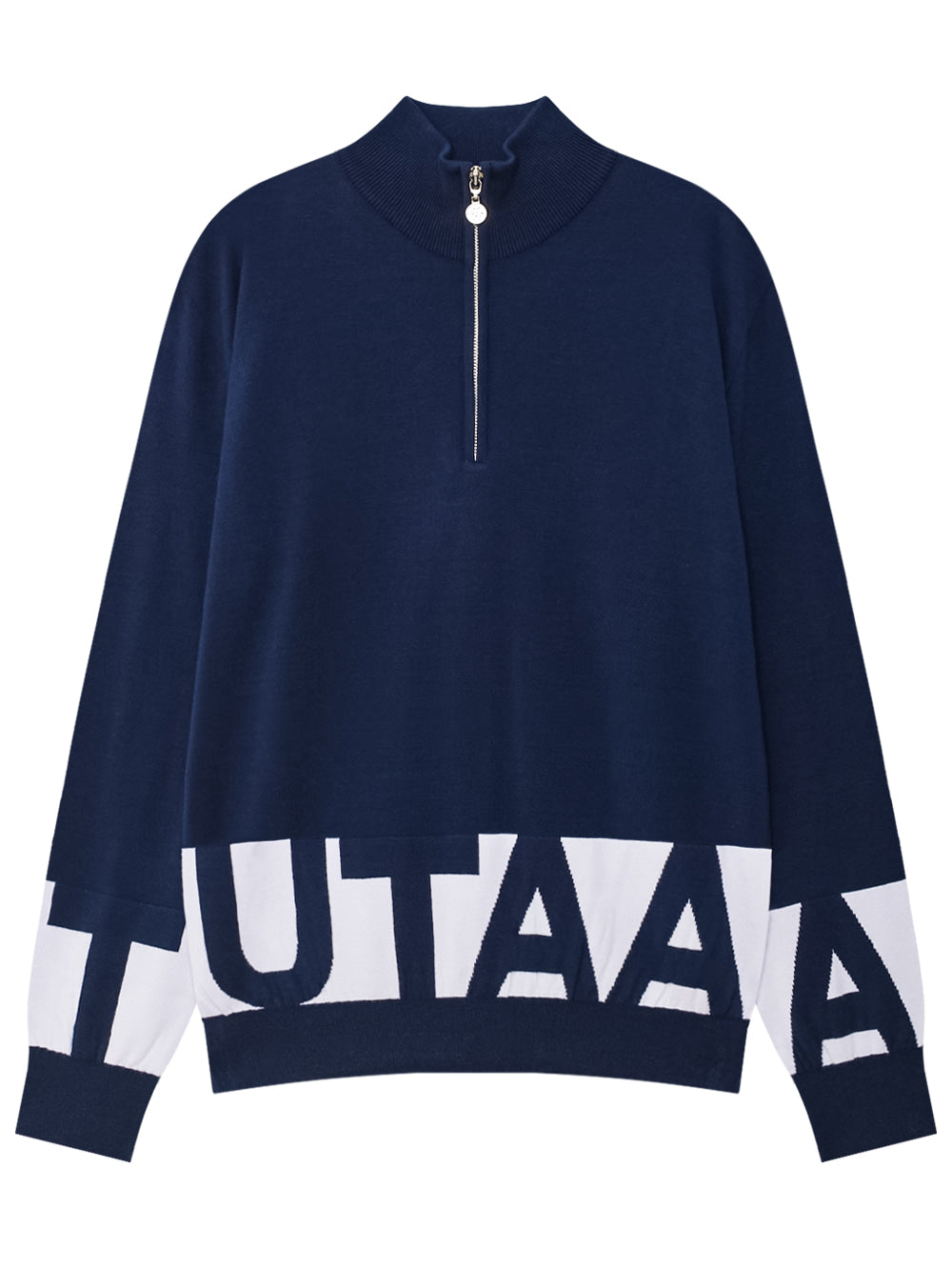 UTAA シグナルモノブロックロゴハーフジップアップニット ネイビー:メンズ