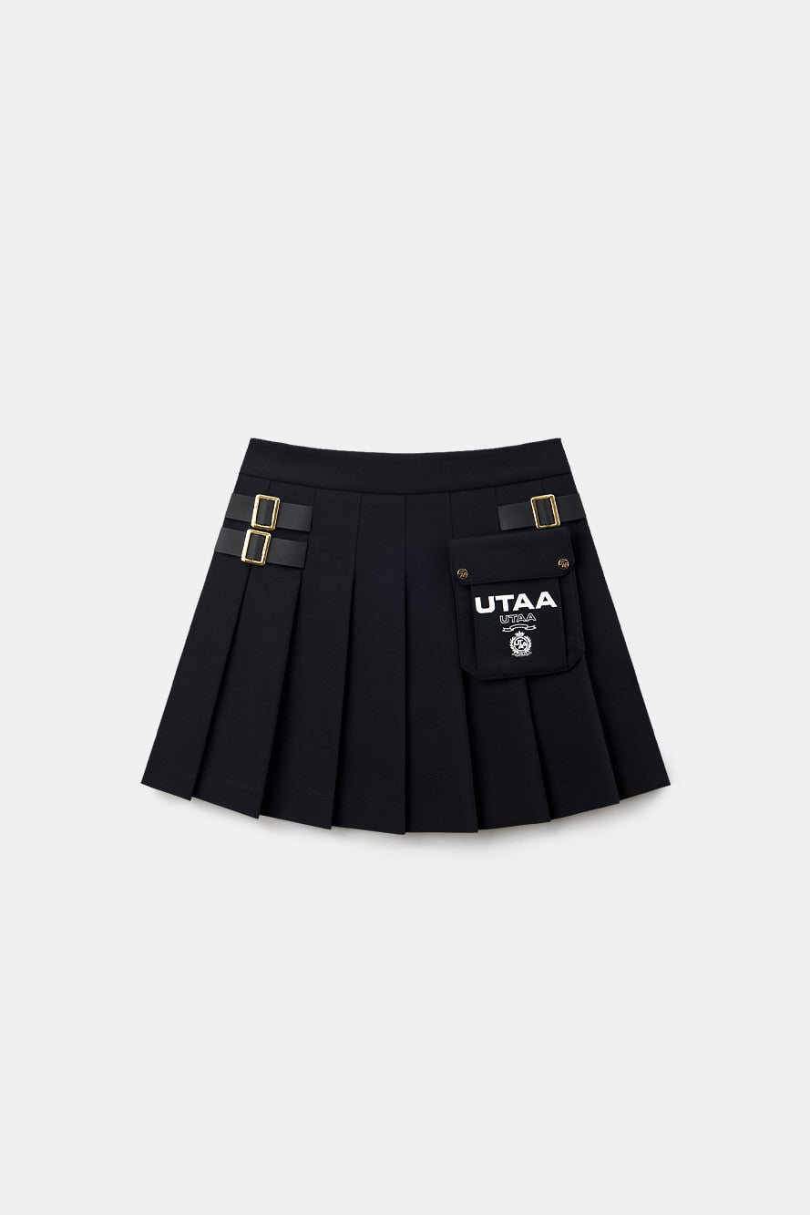UTAA ゴールデンバックルアウトポケットプリーツスカート ブラック:レディース