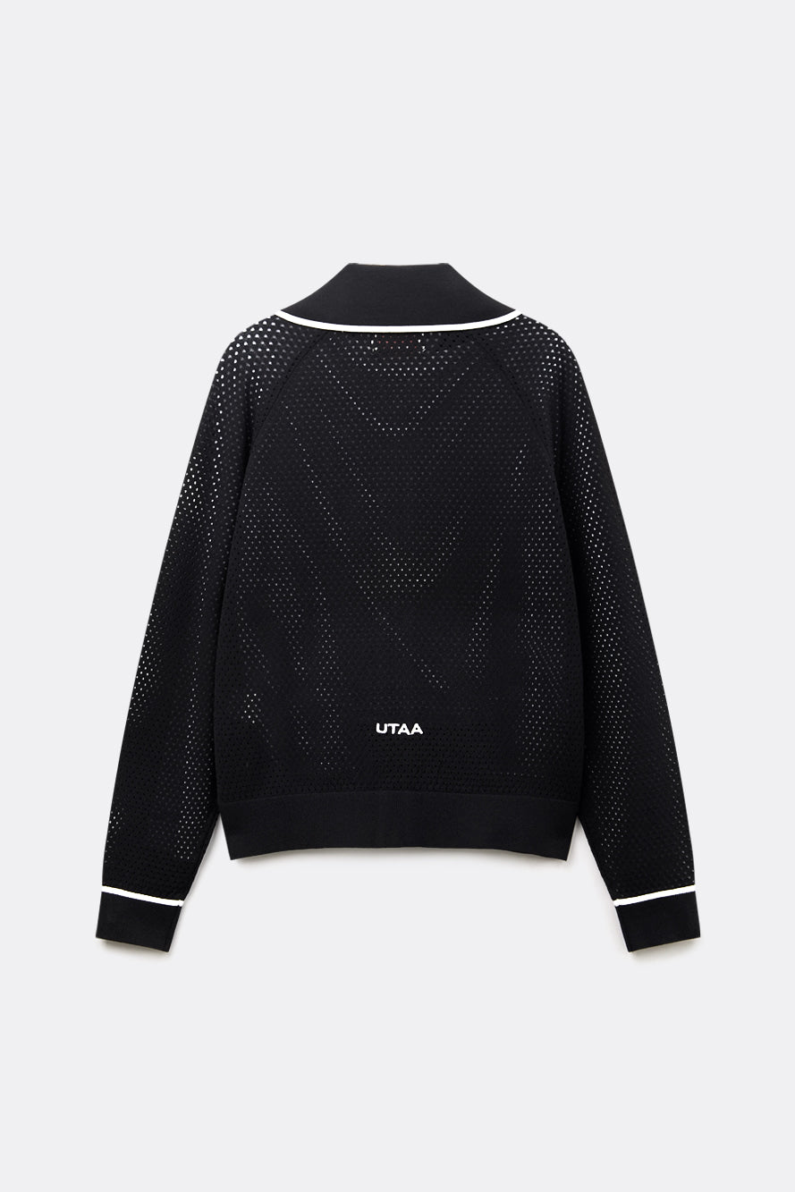UTAA パンチングセーラーカラーニットジップアップジャンパー ブラック:レディース