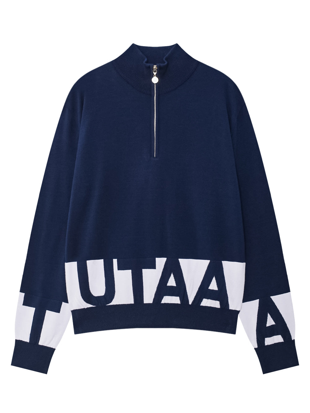 UTAA シグナルモノブロックロゴハーフジップアップニット ネイビー:レディース