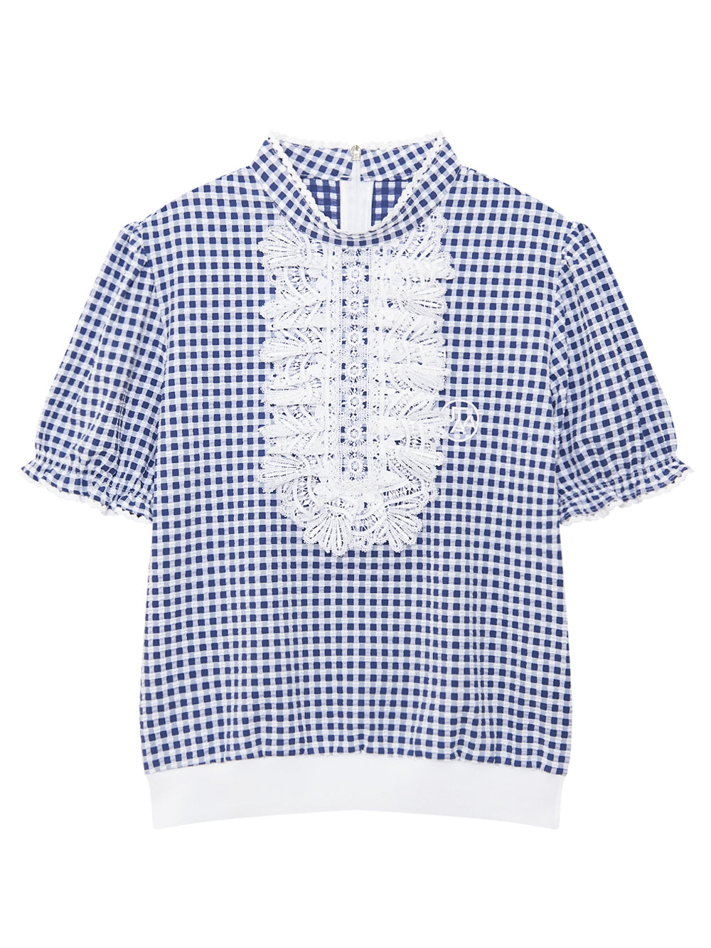 オーシャンチェックフローラルレースタートルネックシャツ