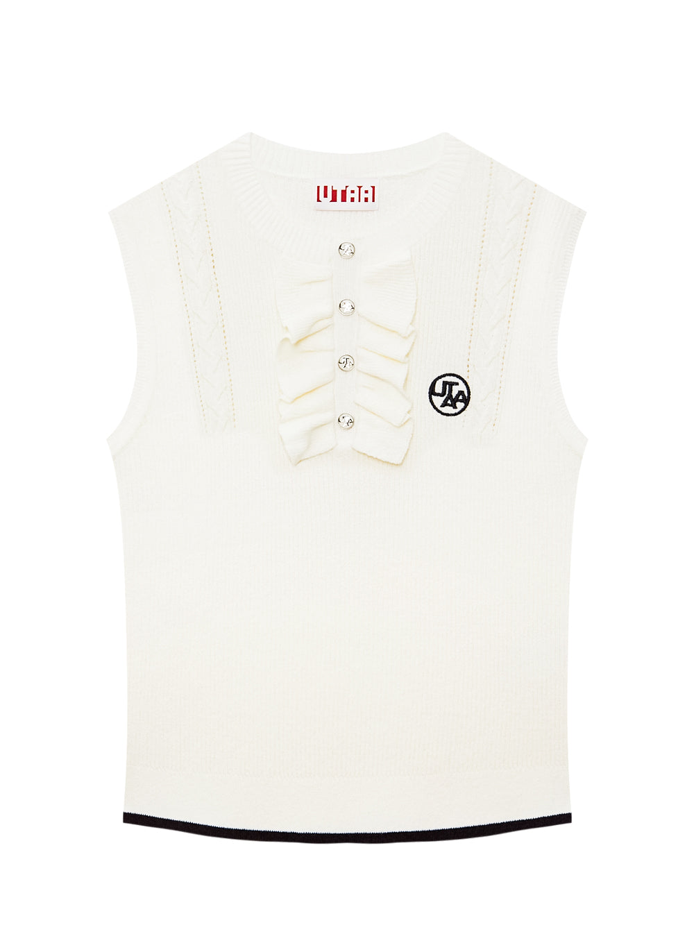 ラッフルレイヤーパンチングラインスリーブレスニット