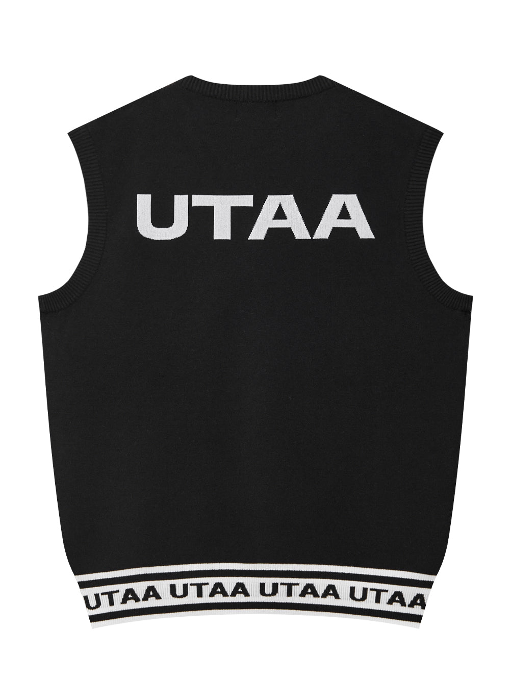 モノスローガンテープVネックニットベスト:メンズ