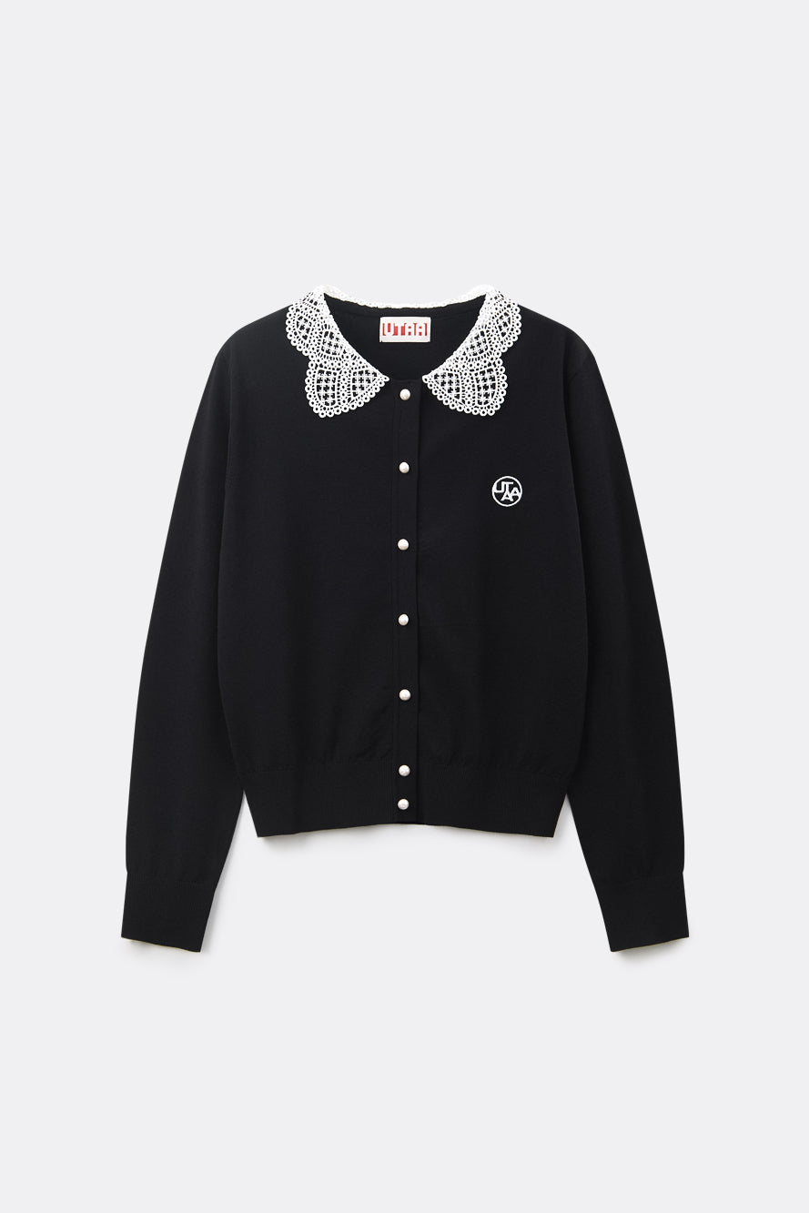 ムーンレットボタンレースカラーニットカーディガン ブラック : Women's