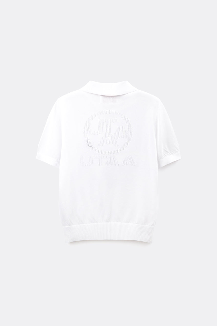 UTAA エンブレムバックオープンワークPKニット ホワイト : Women's