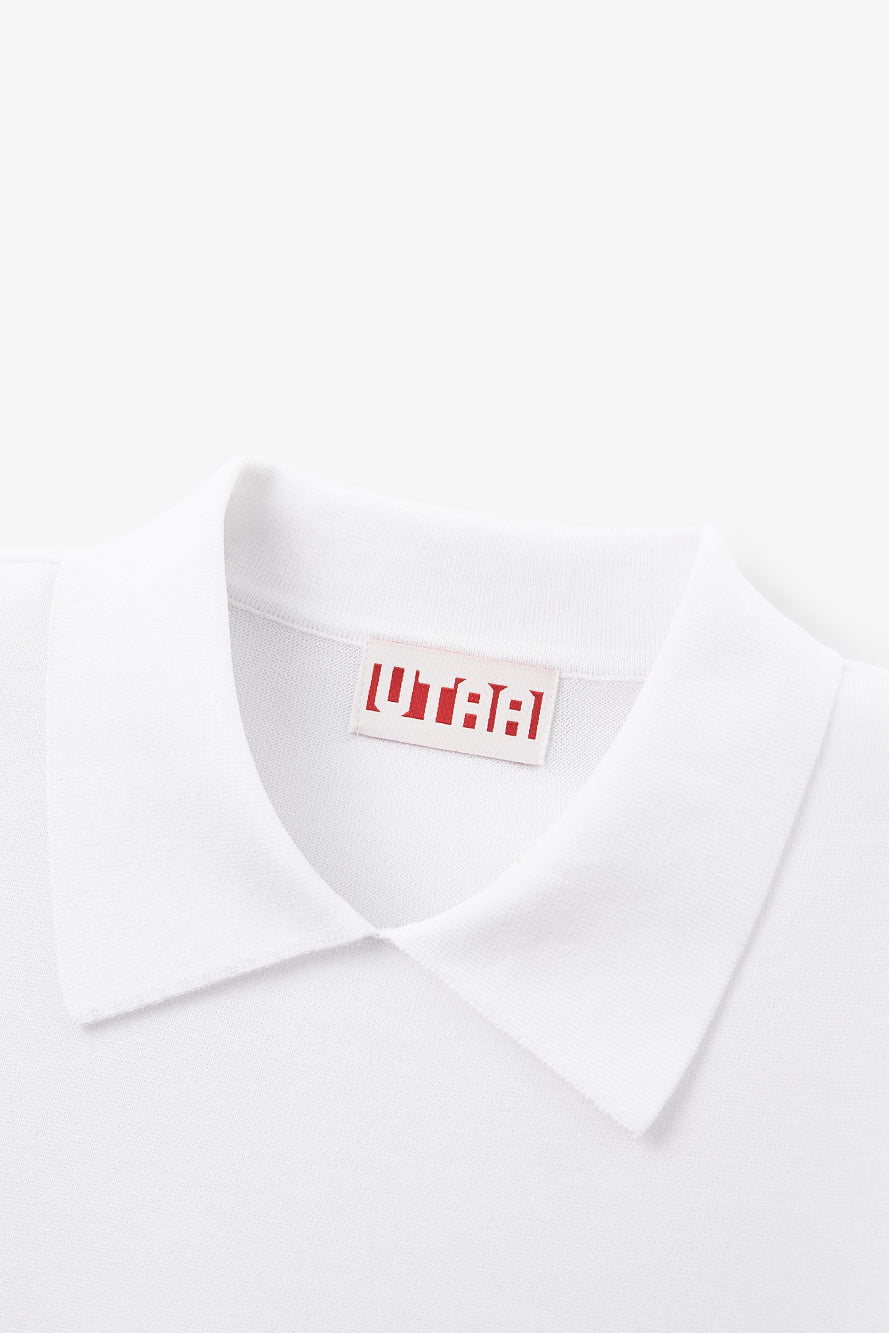 UTAA エンブレムバックオープンワークPKニット ホワイト : Women's