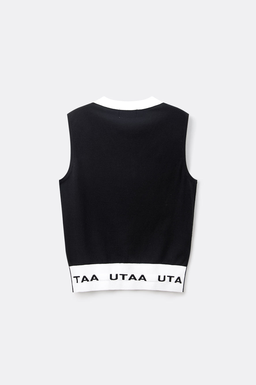 UTAA プルームカラースローガンVネックニットベスト ブラック:レディース