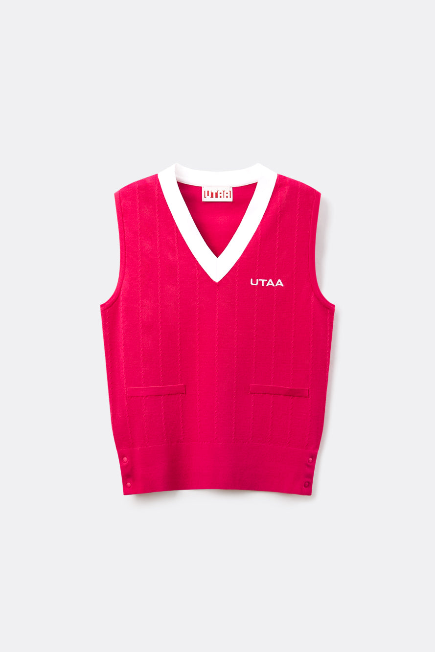 UTAA プルームカラースローガンVネックニットベスト ピンク : Women's