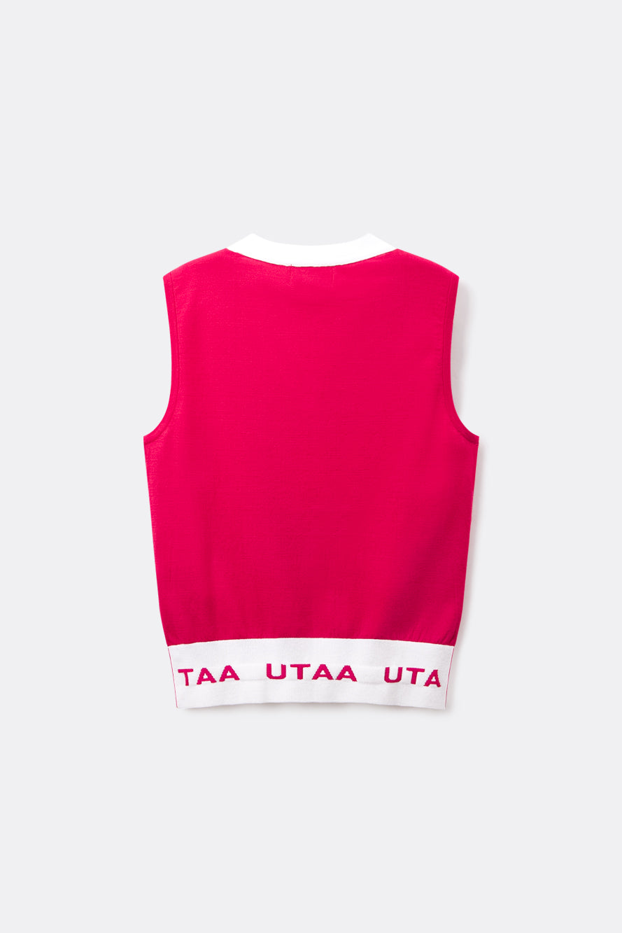 UTAA プルームカラースローガンVネックニットベスト ピンク : Women's