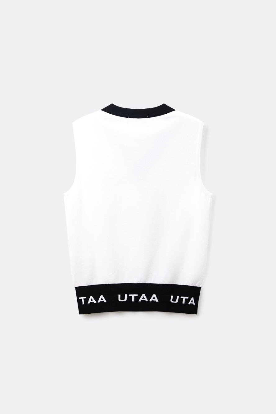 UTAA プルームカラースローガンVネックニットベスト ホワイト:レディース