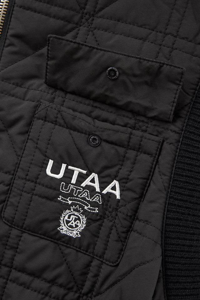 UTAA クラウンニットミックスフーディキルティングパディングベスト ブラック:レディース