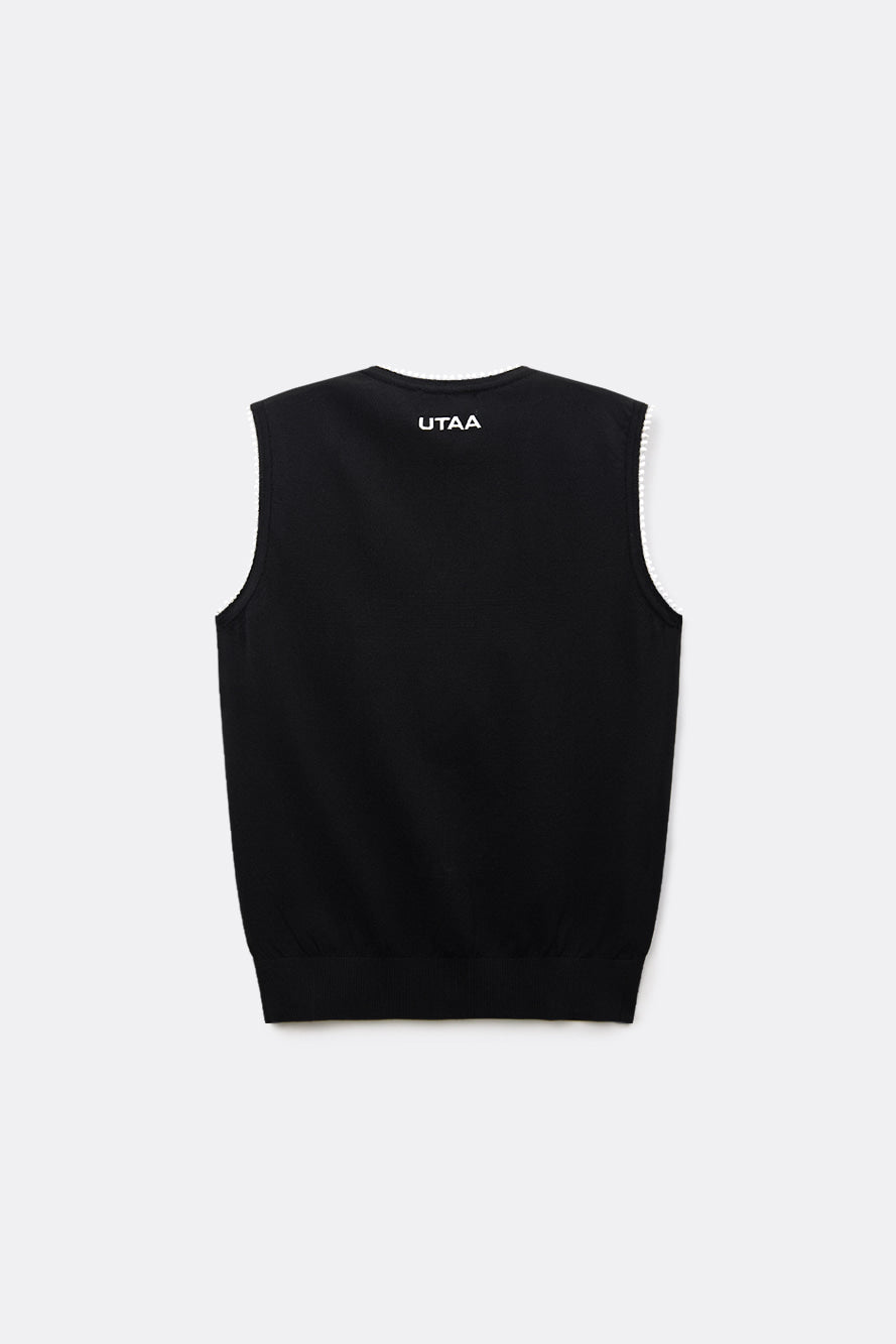 UTAA レインフォールドロップレーススリーブレスニット ブラック:レディース