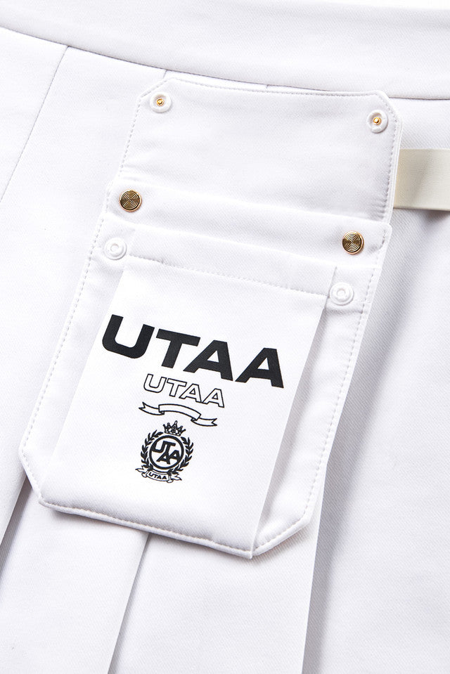 UTAA ゴールデンバックルアウトポケットプリーツスカート ホワイト:レディース