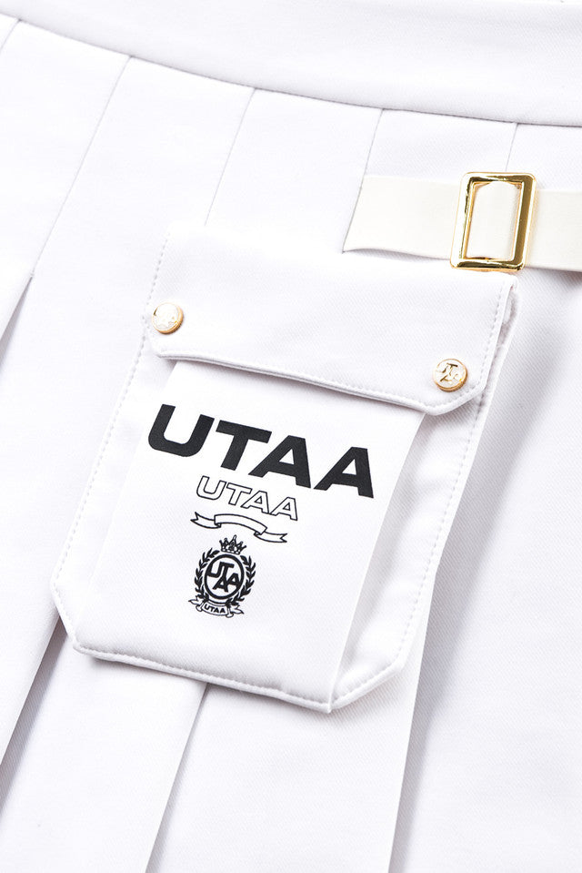 UTAA ゴールデンバックルアウトポケットプリーツスカート ホワイト:レディース