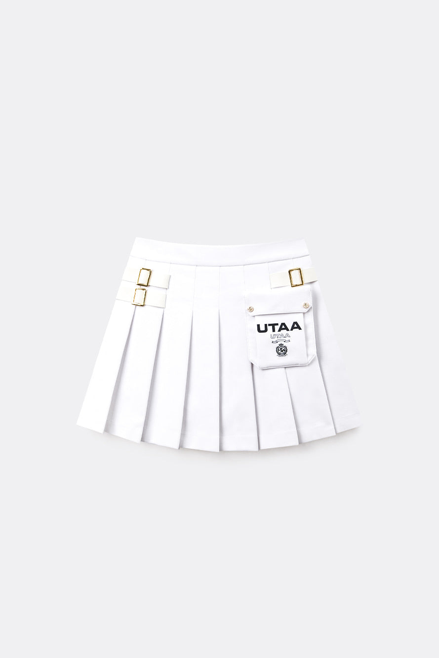 UTAA ゴールデンバックルアウトポケットプリーツスカート ホワイト:レディース