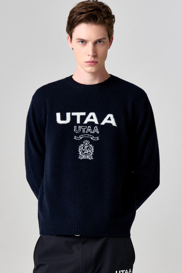 UTAA キングダムロゴウールブレンデッドニットプルオーバー ネイビー：メンズ