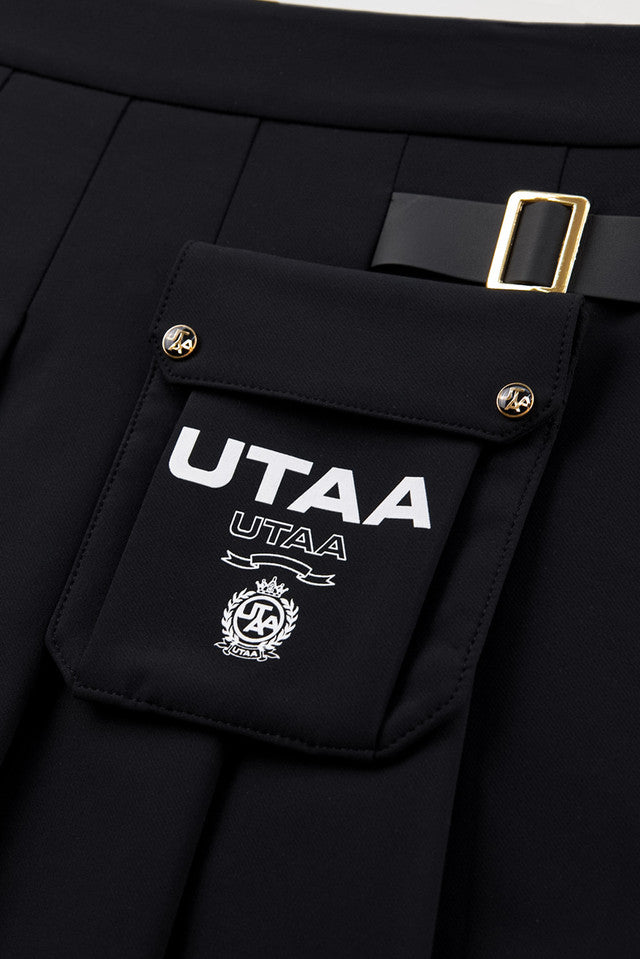 UTAA ゴールデンバックルアウトポケットプリーツスカート ブラック：レディース