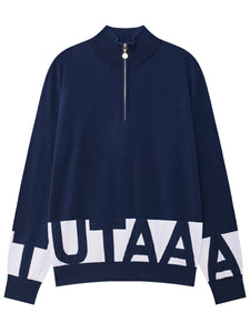 UTAA シグナルモノブロックロゴハーフジップアップニット ネイビー：メンズ