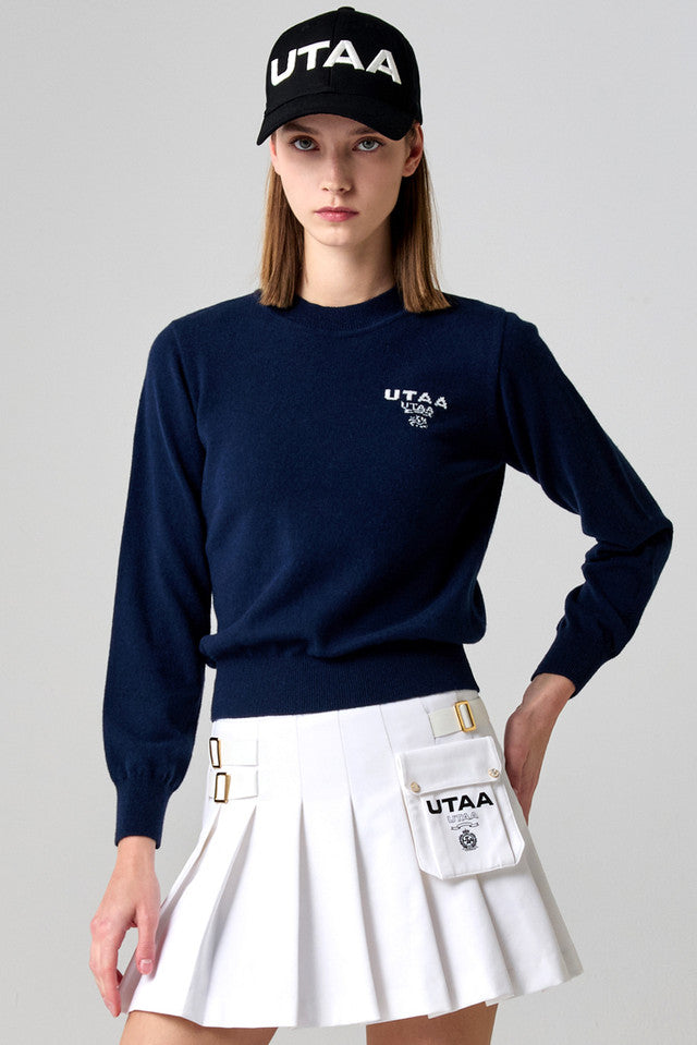 UTAA ローレルシンボルカシミヤブレンドニットプルオーバー ネイビー：レディース
