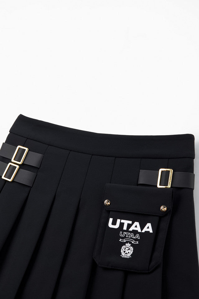 UTAA ゴールデンバックルアウトポケットプリーツスカート ブラック：レディース