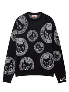 UTAA リングパンサーカラースタンプニットプルオーバー ブラック : Women's