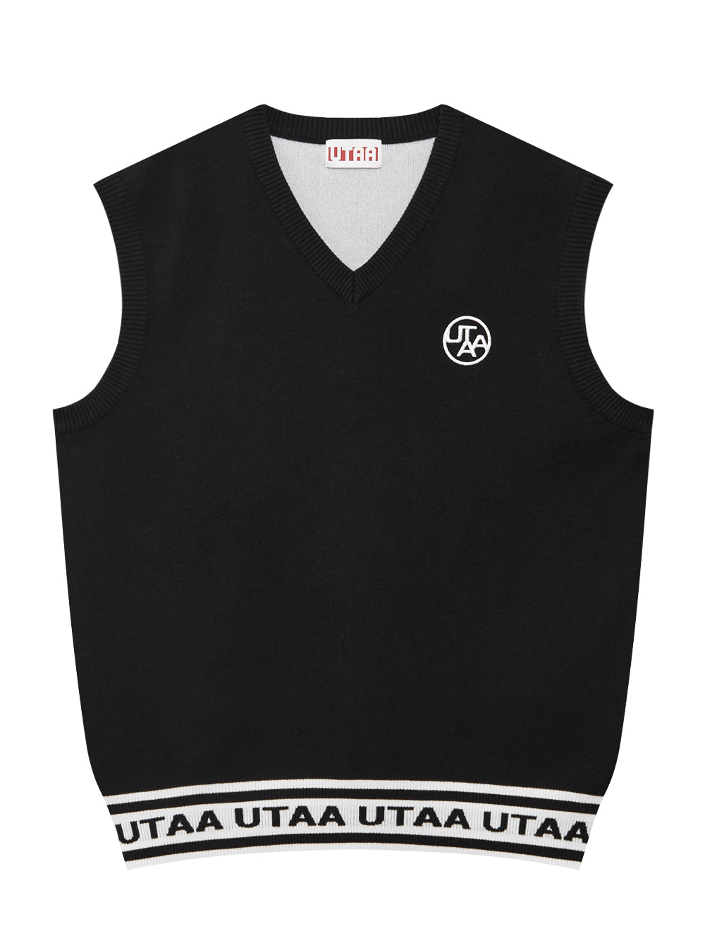 モノスローガンテープVネックニットベスト：メンズ