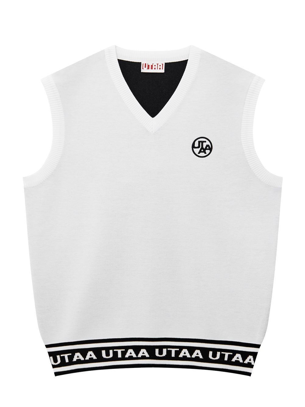 モノスローガンテープVネックニットベスト：メンズ