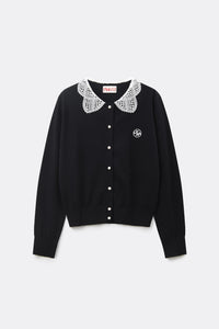 ムーンレットボタンレースカラーニットカーディガン ブラック : Women's