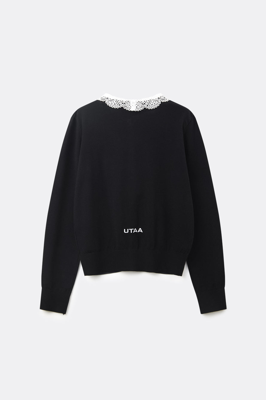 ムーンレットボタンレースカラーニットカーディガン ブラック : Women's