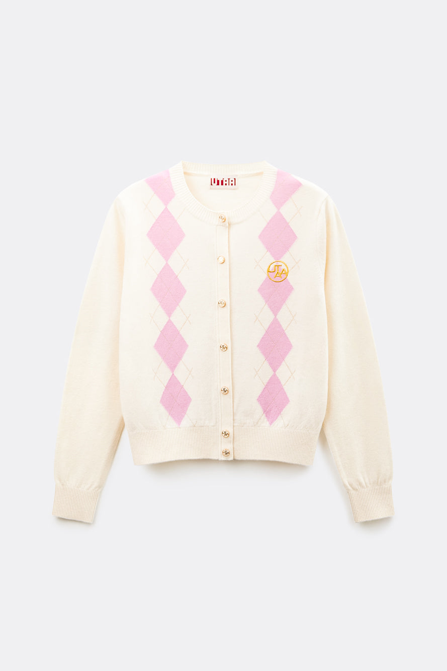 UTAA アーガイルウールブレンドニットカーディガン ホワイト : Women's