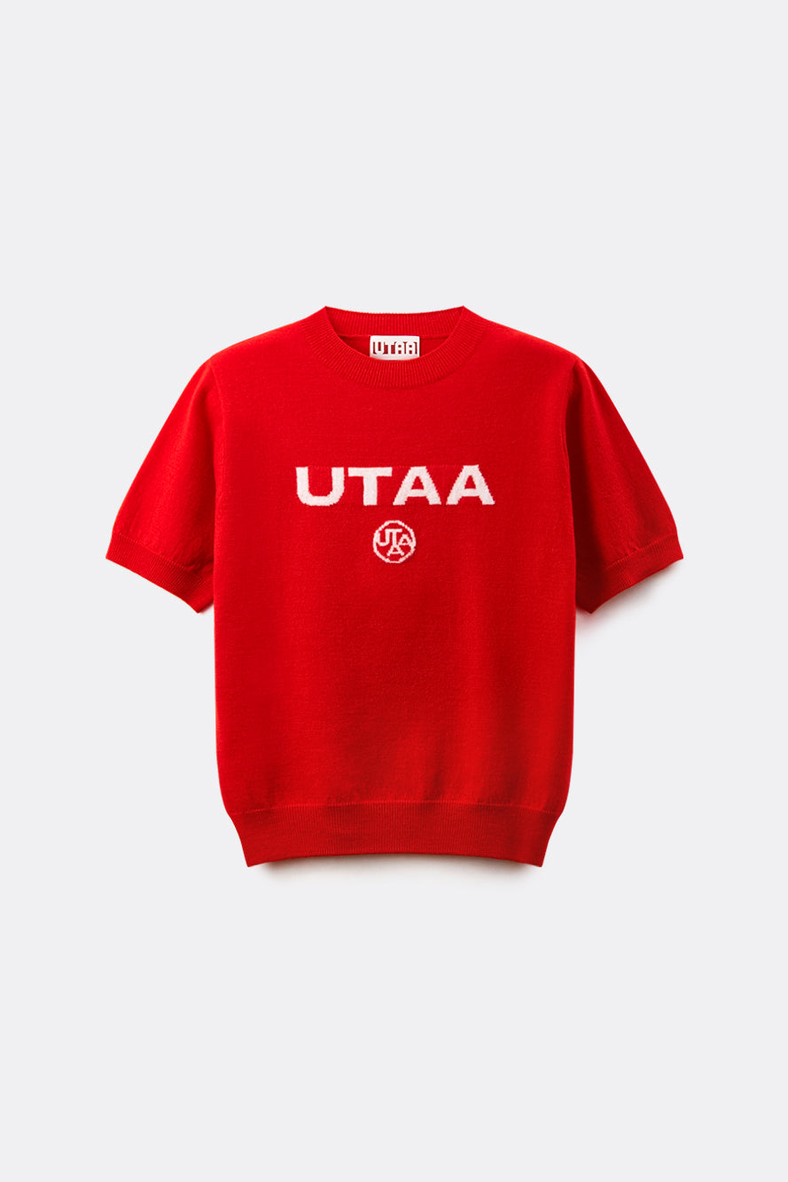 UTAA ネオンロゴブロックウールクルーネックニット レッド