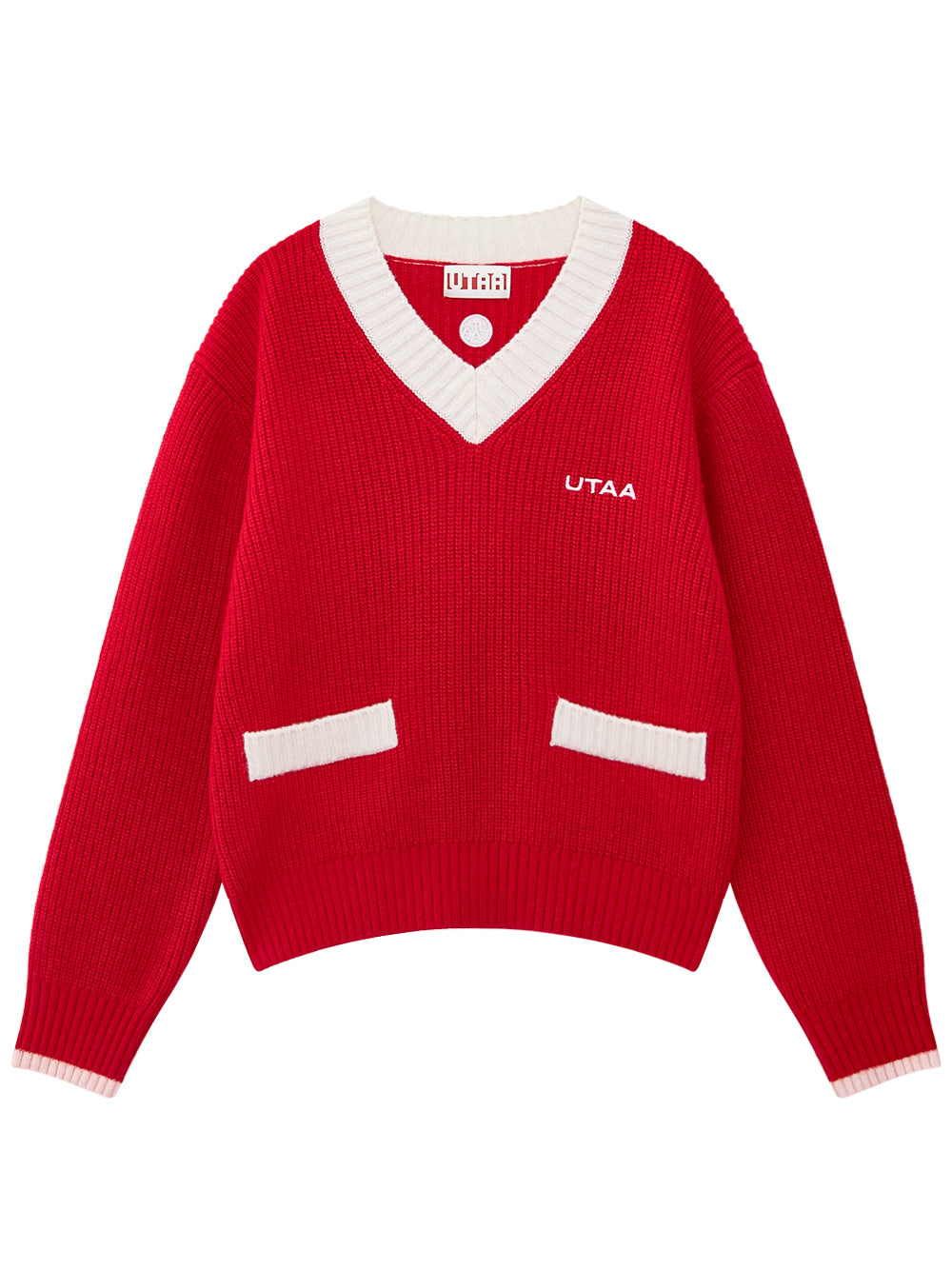 UTAA クルーシャルポケットVネックカシミヤニットプルオーバー レッド：レディース