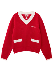 UTAA クルーシャルポケットVネックカシミヤニットプルオーバー レッド：レディース