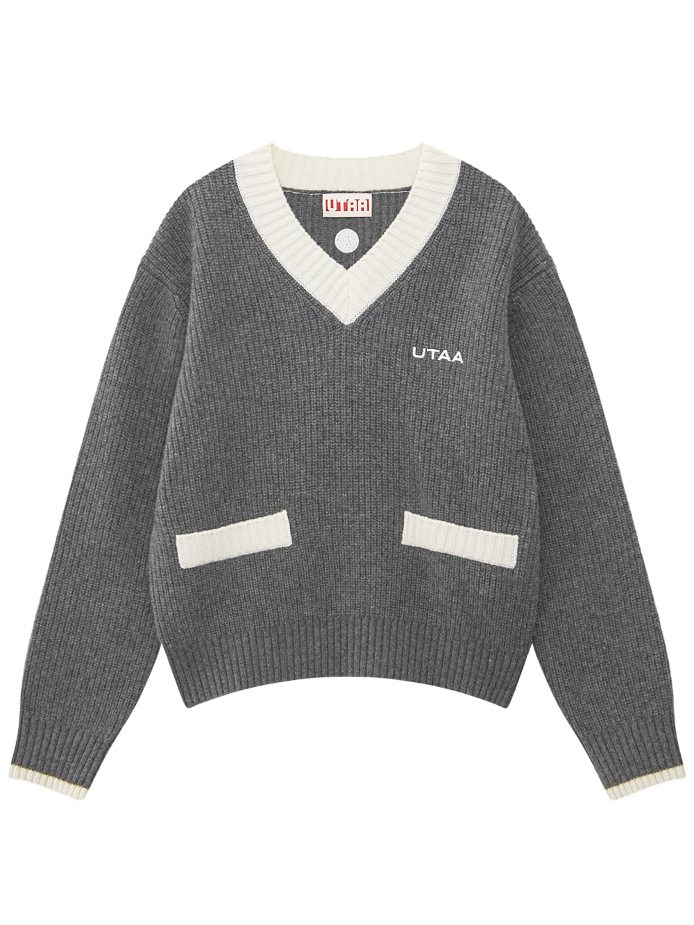 UTAA クルーシャルポケットVネックカシミヤニットプルオーバー メランジグレー：レディース