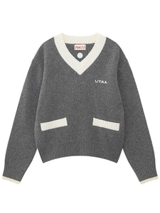 UTAA クルーシャルポケットVネックカシミヤニットプルオーバー メランジグレー：レディース