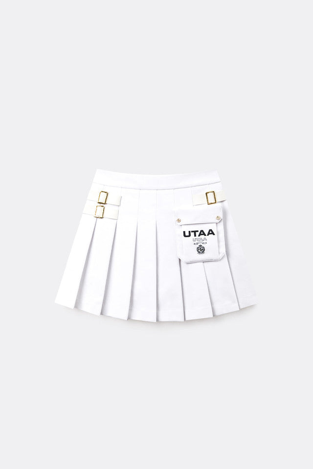 UTAA ゴールデンバックルアウトポケットプリーツスカート ホワイト：レディース
