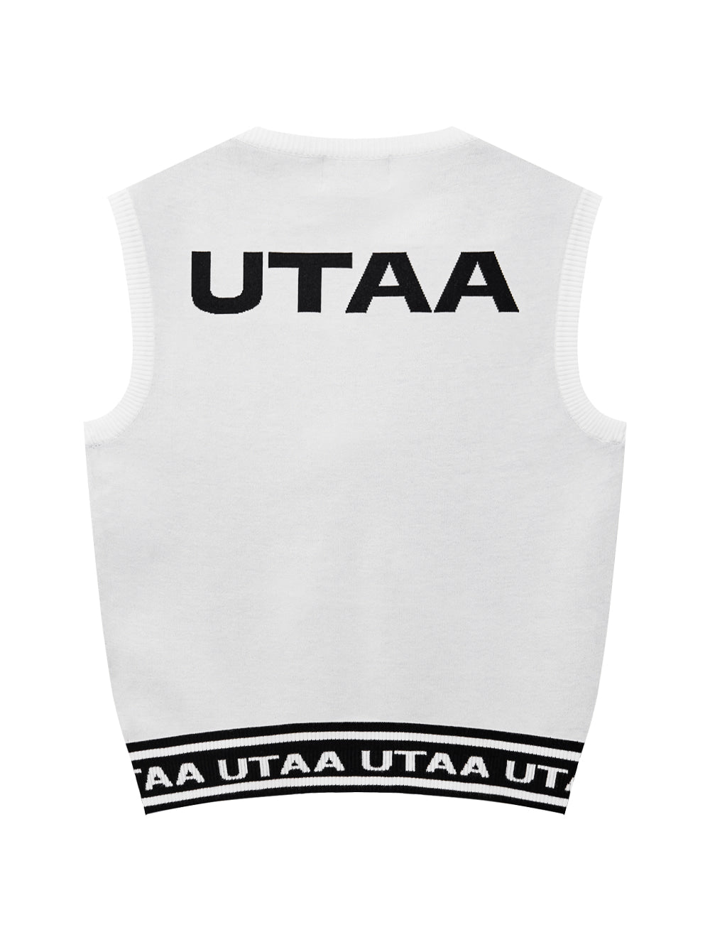 UTAA モノスローガンテープVネックニットベスト ホワイト：レディース