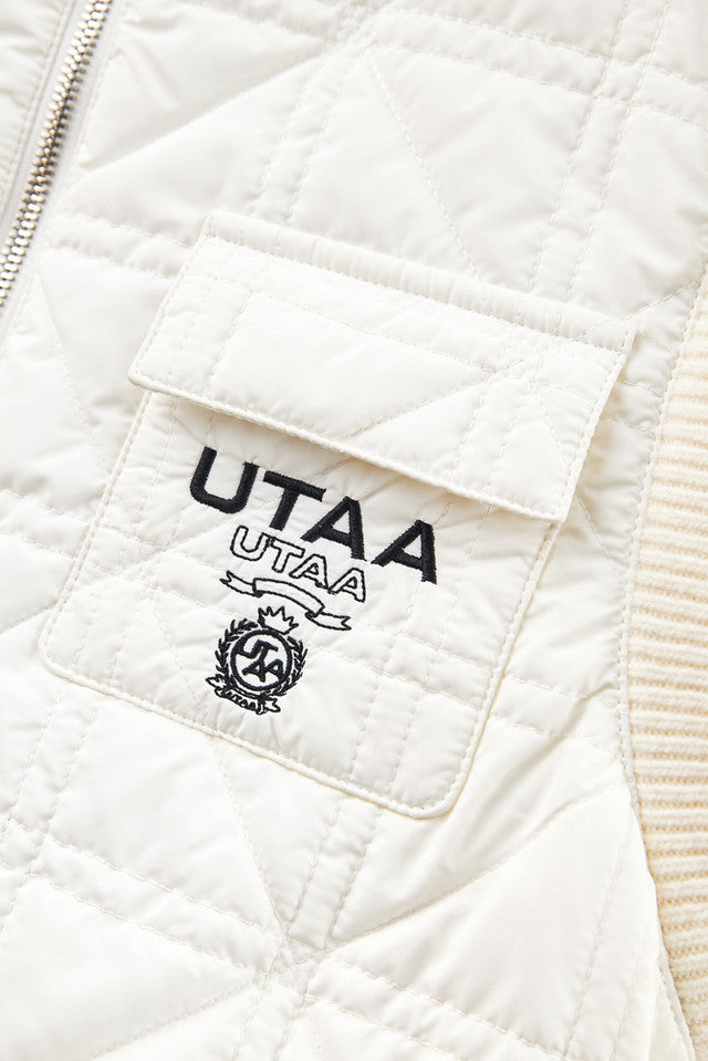 UTAA クラウンニットミックスフーディキルティングパディングベスト ホワイト：レディース