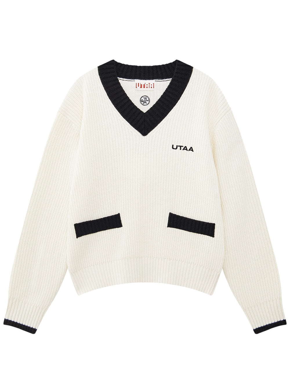UTAA クルーシャルポケットVネックカシミヤニットプルオーバー ホワイト：レディース