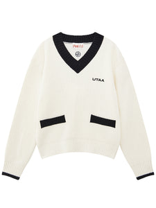 UTAA クルーシャルポケットVネックカシミヤニットプルオーバー ホワイト：レディース