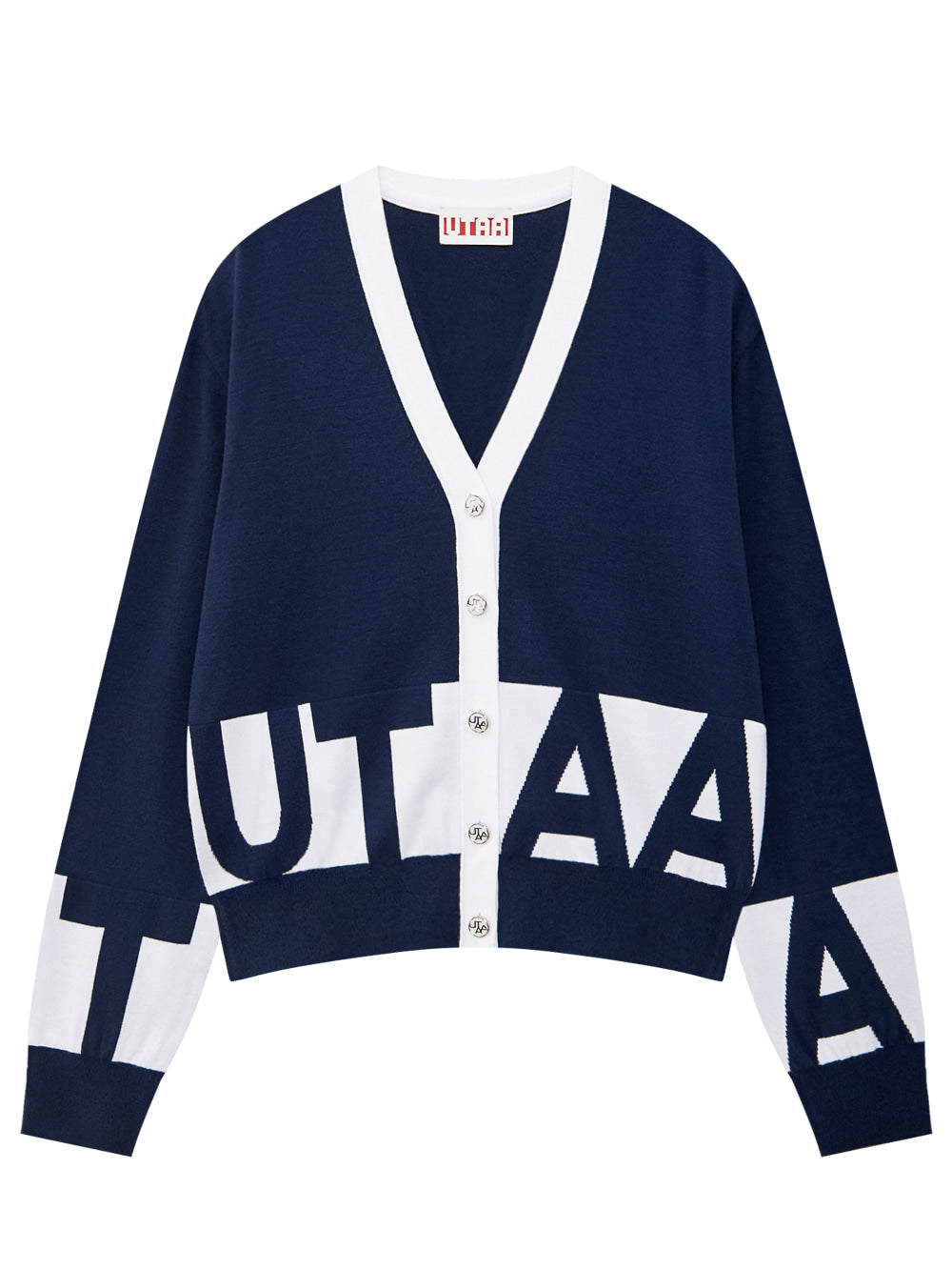 UTAA シグナルブロックロゴカラーニットカーディガン ネイビー：レディース