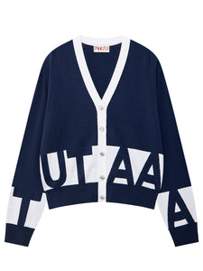 UTAA シグナルブロックロゴカラーニットカーディガン ネイビー：レディース