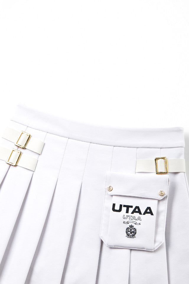UTAA ゴールデンバックルアウトポケットプリーツスカート ホワイト：レディース
